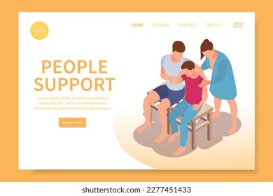 Las personas admiten la página de aterrizaje del sitio web isométrico con caracteres de familiares sin rostro que hacen clic en enlaces y la ilustración del vector de texto