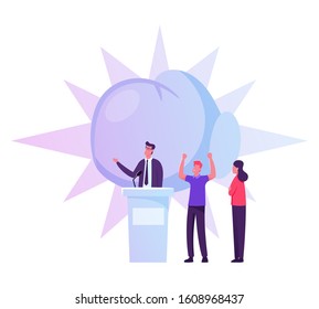 People Support Speaker Candidate Standing on Tribune Giving Speech. Characters Law-abiding Citizen City Dwellers Execute Rights and Duties in Political Life of Country. Flat Vector Illustration