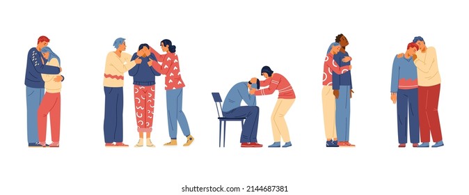 People Supporting Each Other Flat Vector Set. Friends Hugging Comforting Grief And Sorrow Illustrations.  