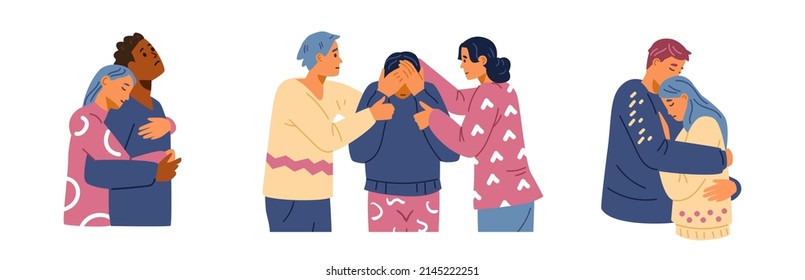 People supporting each other flat vector set. Friends hugging comforting grief and sorrow illustrations.  