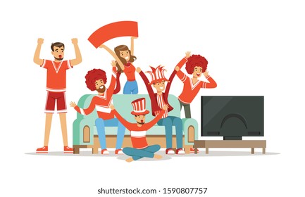 People Supporting Favorite Team Sitting and Standing in Front of TV Vector Illustration