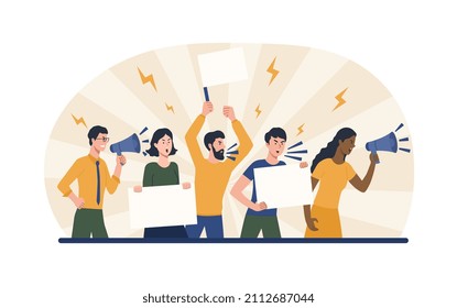 People supporting protests. Rally, activists express their opinion, political slogans, posters and banners. Disgruntled crowd demands action from authorities. Cartoon flat vector illustration
