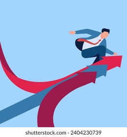 people surf on arrows that overlap in one direction, a metaphor for business collaboration. Simple flat conceptual illustration. drain