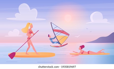 People surf on sea ocean wave vector illustration. Cartoon summer seascape beach scenery, man woman surfer characters surfing, swimming floating on surfboards, active lifestyle water sports background