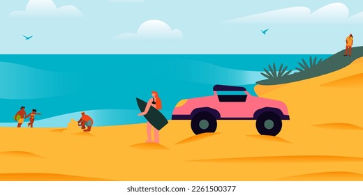 People surf, relax on tropical sea beach flat vector illustration. Natal, Brazilian beach.