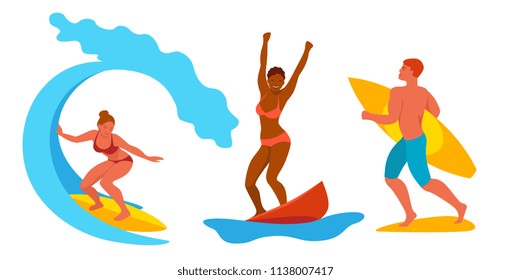 people surf. surfers Flat vector set.