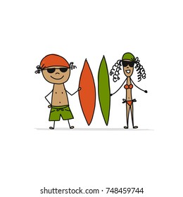 People with surfboards, sketch for your design