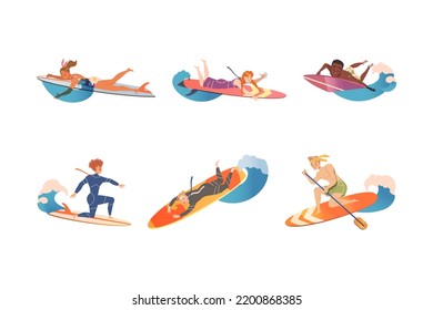 People Surfer on Surf Board Riding Moving Wave of Water Vector Set