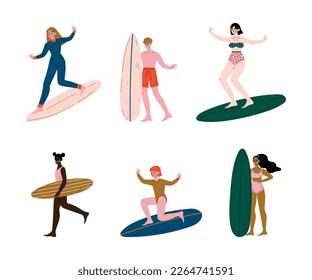 People Surfer with Surfboard Riding on Moving Wave Vector Set