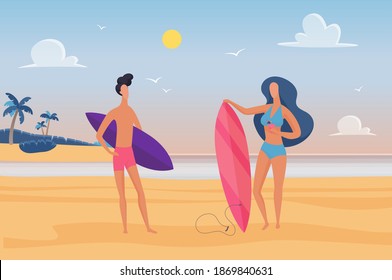 People surfers enjoy tropical nature sea landscape vector illustration. Cartoon man woman characters standing with surfboard for surfing, summer vacation activity in natural sand beach background