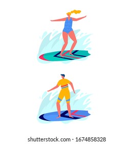 People surfing in beachwear with surfboards. Young women amd men enjoying vacation on the sea, ocean. Concept of summer sports and leisure outdoor activities isolated on white background . Flat vector