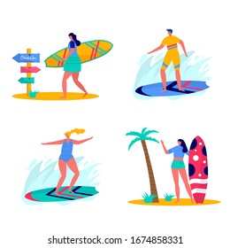 People surfing in beachwear with surfboards. Young women amd men enjoying vacation on the sea, ocean. Concept of summer sports and leisure outdoor activities isolated on white background . Flat vector