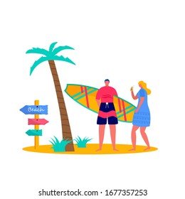 People surfing in beachwear with surfboards. Young women amd men enjoying vacation on the sea, ocean. Concept of summer sports and leisure outdoor activities isolated on white background . Flat vector