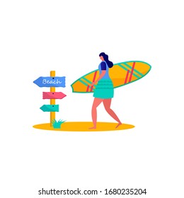 People surfing in beachwear with surfboards. Young women amd men enjoying vacation on the sea, ocean. Concept of summer sports and leisure outdoor activities isolated on white background . Flat vector