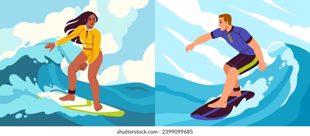 Menschen, die surfen Konzept. Fröhlicher Mann und Frau reiten auf großen Meeren oder Meereswellen auf Surfbrettern. Aktiver Lebensstil und Extremsport. Urlaub in tropischen Ländern. Cartoon-Flavektor-Vektorgrafik