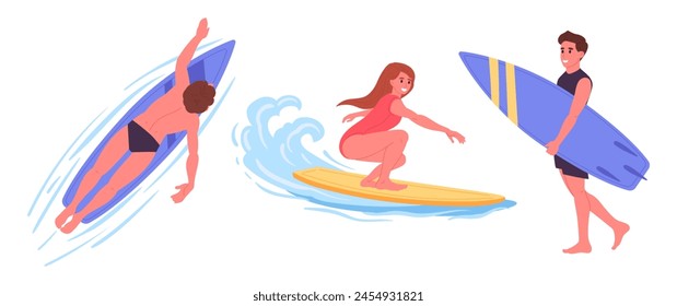 People surfing. Extreme water sport, wakeboarding and surfing, sports people doing summer water activity flat vector illustrations set. Cartoon extreme water sports scene