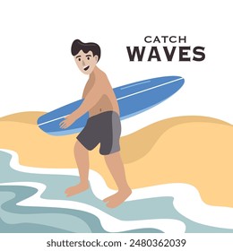 People Surfing Illustration. Boy Surfing Illustration. Beach Illustration. People walking on the beach.