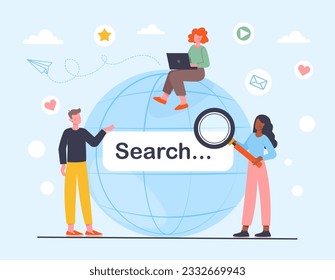 People surfing internet concept. Man and women with magnifying glass and laptop near globe. Wireless connection and information exchange on social messengers. Cartoon flat vector illustration