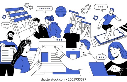 People surfing internet. Happy characters chatting online, entering search query, finding information and using digital website on computer. Outline vector illustration isolated on white background