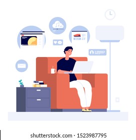 People surfing internet. Man with laptop visits eshops, social media and video sites. Online lifestyle vector flat concept
