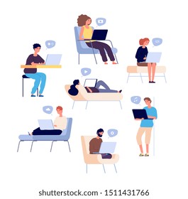 People surfing internet. Persons spend time online with laptop, computer and check email and social media, listen music. Vector set