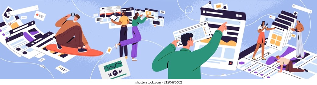 People surfing internet, searching and finding information online. Men and women users looking for smth in networks, using abstract web sites and magnifying glasses. Flat vector illustration