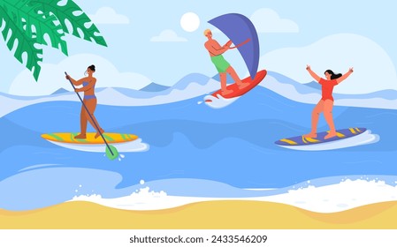 Gente con surf. Hombres y mujeres en traje de baño en tablas de surf. Descanse en países tropicales y exóticos. Vida activa y ocio en la playa. Cartel o pancarta. Ilustración de vector plano de dibujos animados