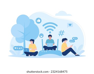 People surfing on social media using devices technology and wifi trending flat illustration