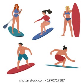 People surfing on a surfboard and sup surfboard. Cute characters. Ocean or sea water sport. Flat style, vector illustration