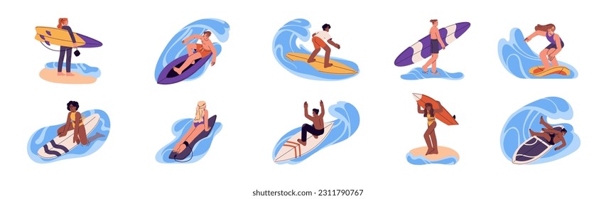 People surfing on water waves, standing on board. Active men, women riding surfboards on summer holidays, vacation at sea resort. Flat graphic vector illustrations isolated on white background