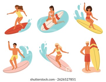 People surfing on waves. Young women and men standing on surfboards. Sports on vacation. Flat vector illustration.