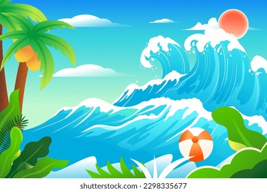 People surfing in the sea in summer with beach and palm trees in the background, vector illustration