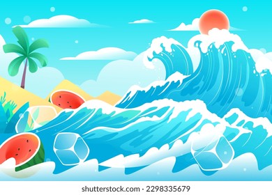 People surfing in the sea in summer with beach and palm trees in the background, vector illustration