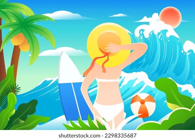 People surfing in the sea in summer with beach and palm trees in the background, vector illustration