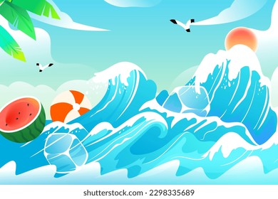 People surfing in the sea in summer with beach and palm trees in the background, vector illustration