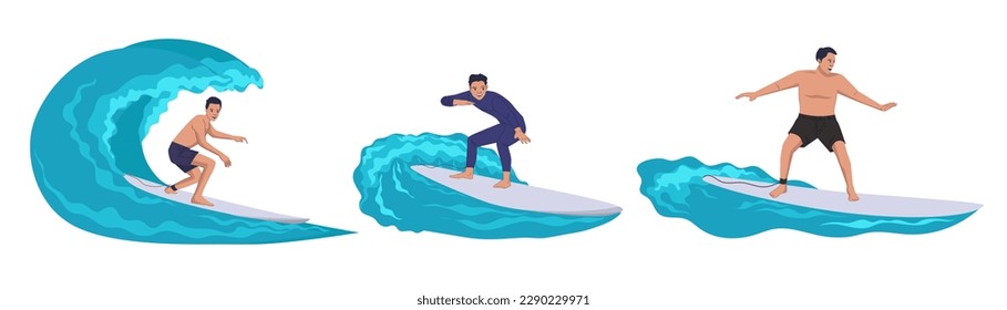 people are surfing in the sea with various styles. cartoon characters.