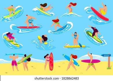 People surfing vector illustration set. Cartoon flat man woman active surfer character surfing, riding wave, stand or walk with surfboard on sea beach. Summer vacation, water sport activity background