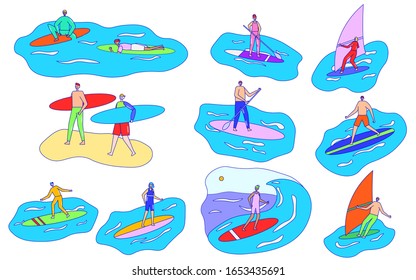 People surfing and windsurfing, set of cartoon characters isolated on white, vector illustration. Men and women in simple flat style, active leisure at ocean, happy surfers with sport surfboards