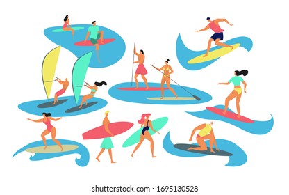 People surfing, windsurfing, vector illustration, flat style. Men and women do surf and paddle surfing, characters isolated on white. Extreme sail water sport, summer vacations on beach.