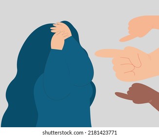 People surround a woman and point fingers on her. Female covers her face and feels ashamed. School girl bullied by her classmates. Stop violence or abuse against children and women. Vector stock.