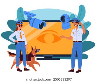 Personas con cámaras de vigilancia. Hombre y mujer en uniforme de policía con walkie talkies y perro. Seguridad y protección, servicios de vigilancia. Ilustración vectorial plana aislada sobre fondo blanco