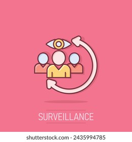People surveillance icon in comic style. Search human cartoon vector illustration on isolated background. Partnership splash effect business concept.