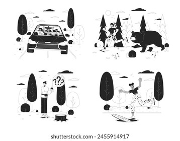 People surviving accidents black and white cartoon flat illustration set. Dealing with dangerous situations 2D lineart characters isolated. Warning monochrome scene vector outline image collection