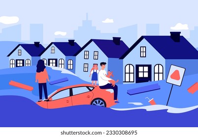 People surviving flood on car roof vector illustration. Family with pet waiting for rescue while water crashing houses and buildings in city. Natural disaster, climate change concept