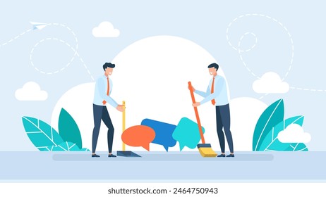 People sweep up thoughts and throw them in the trash. A speech bubble in a waste bin, a censorship concept. Mind cleaning. Mental problems treatment metaphor. Vector illustration