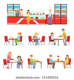 People In Sweet Pastry Cafe Set Of Illustrations
