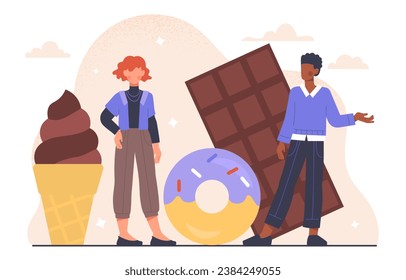 People with sweets concept. Man and woman near chocolate bar and ice cream, donut. Pastry and bakery products, confectionery. Dessert and delicacy. Cartoon flat vector illustration