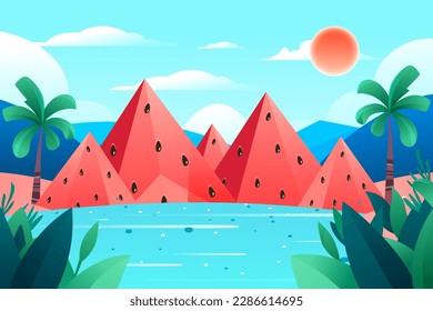 People swim in the lake in summer with mountains of watermelons and plants in the background, vector illustration