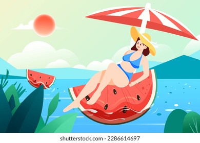 People swim in the lake in summer with mountains of watermelons and plants in the background, vector illustration
