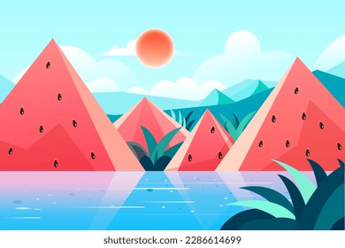 People swim in the lake in summer with mountains of watermelons and plants in the background, vector illustration